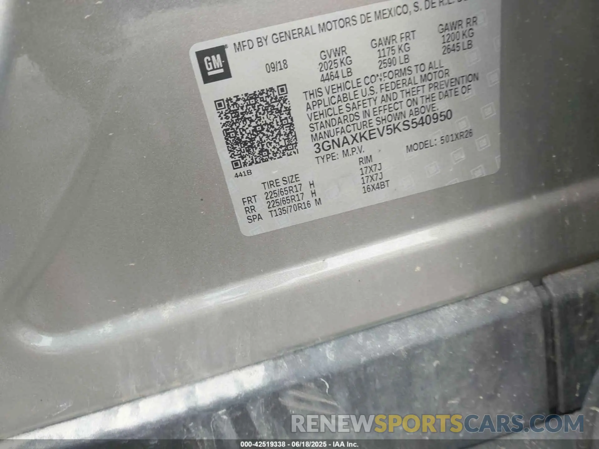 9 fotografías del automóvil dañado 3GNAXKEV5KS540950 CHEVROLET EQUINOX 2019