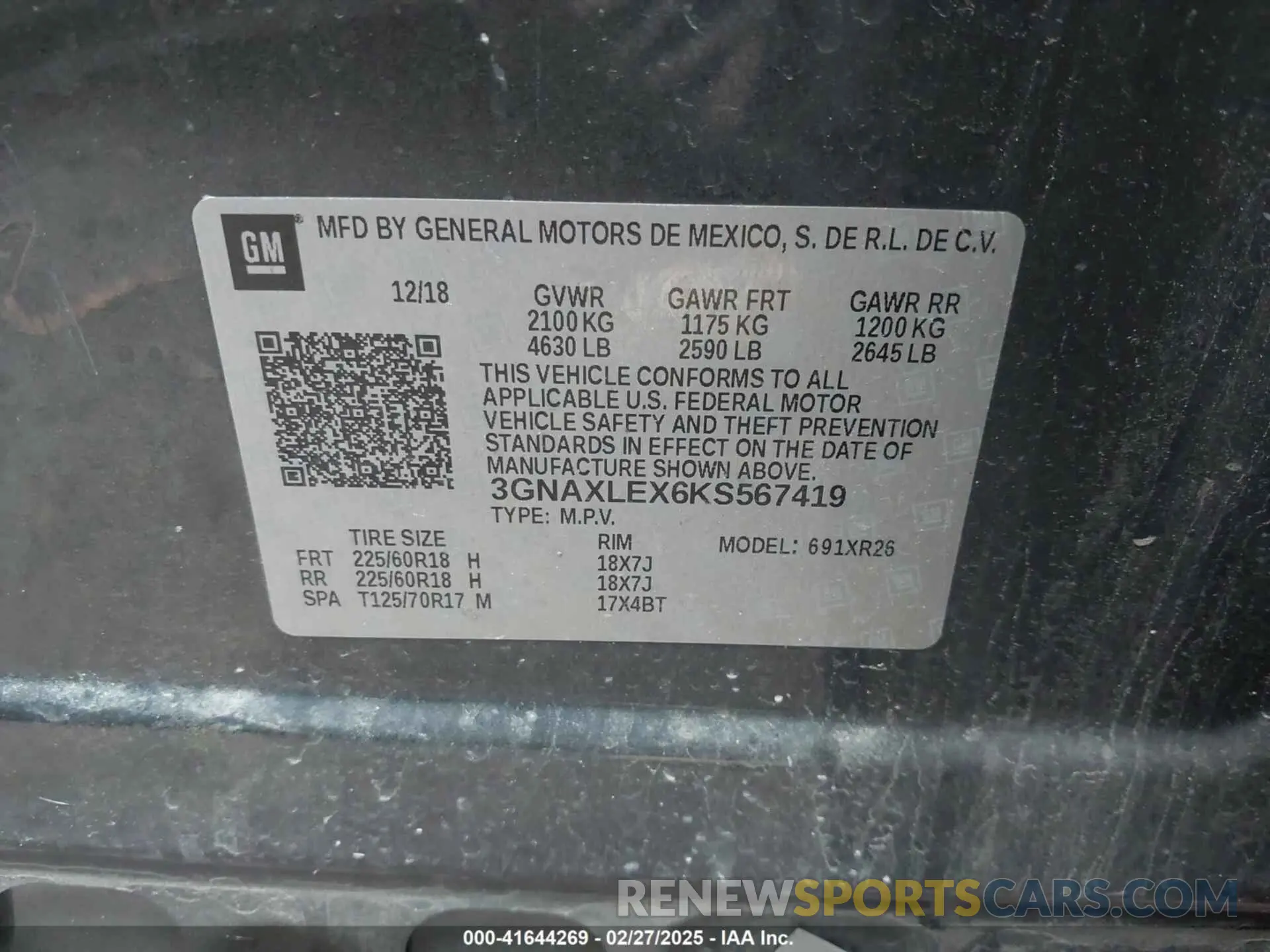9 fotografías del automóvil dañado 3GNAXLEX6KS567419 CHEVROLET EQUINOX 2019
