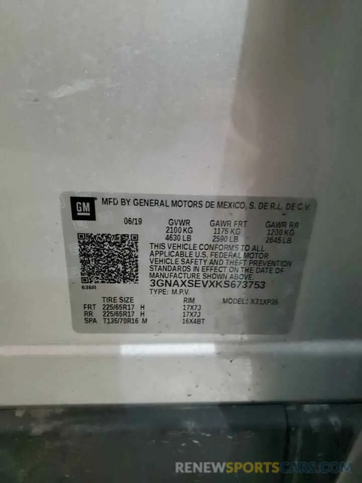 13 fotografías del automóvil dañado 3GNAXSEVXKS673753 CHEVROLET EQUINOX 2019