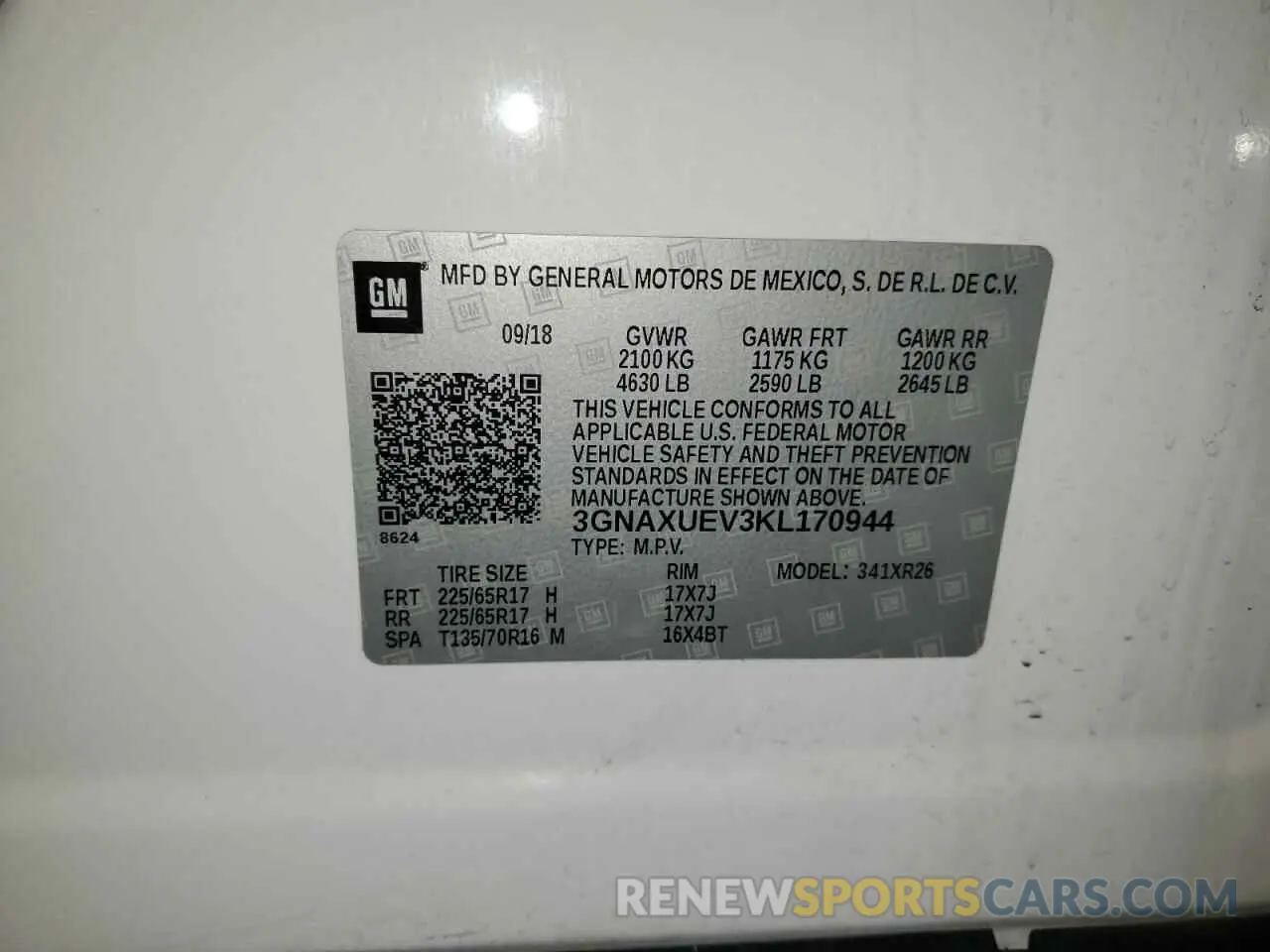 13 fotografías del automóvil dañado 3GNAXUEV3KL170944 CHEVROLET EQUINOX 2019