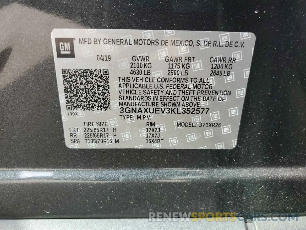 15 fotografías del automóvil dañado 3GNAXUEV3KL352577 CHEVROLET EQUINOX 2019