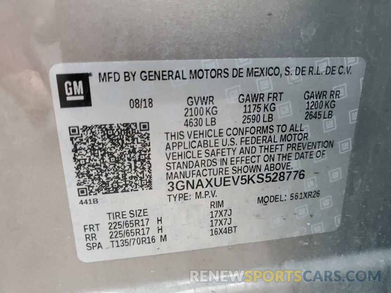 12 fotografías del automóvil dañado 3GNAXUEV5KS528776 CHEVROLET EQUINOX 2019
