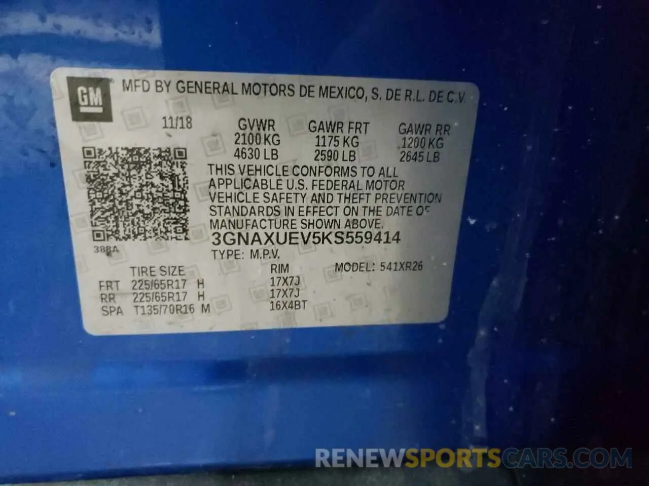 13 fotografías del automóvil dañado 3GNAXUEV5KS559414 CHEVROLET EQUINOX 2019