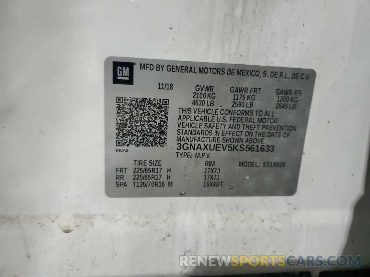 13 fotografías del automóvil dañado 3GNAXUEV5KS561633 CHEVROLET EQUINOX 2019