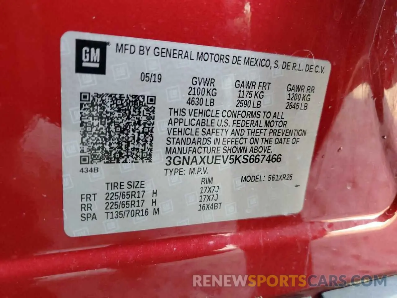 13 fotografías del automóvil dañado 3GNAXUEV5KS667466 CHEVROLET EQUINOX 2019