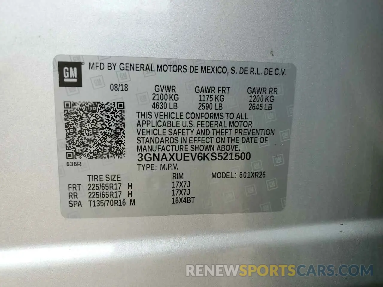 14 fotografías del automóvil dañado 3GNAXUEV6KS521500 CHEVROLET EQUINOX 2019