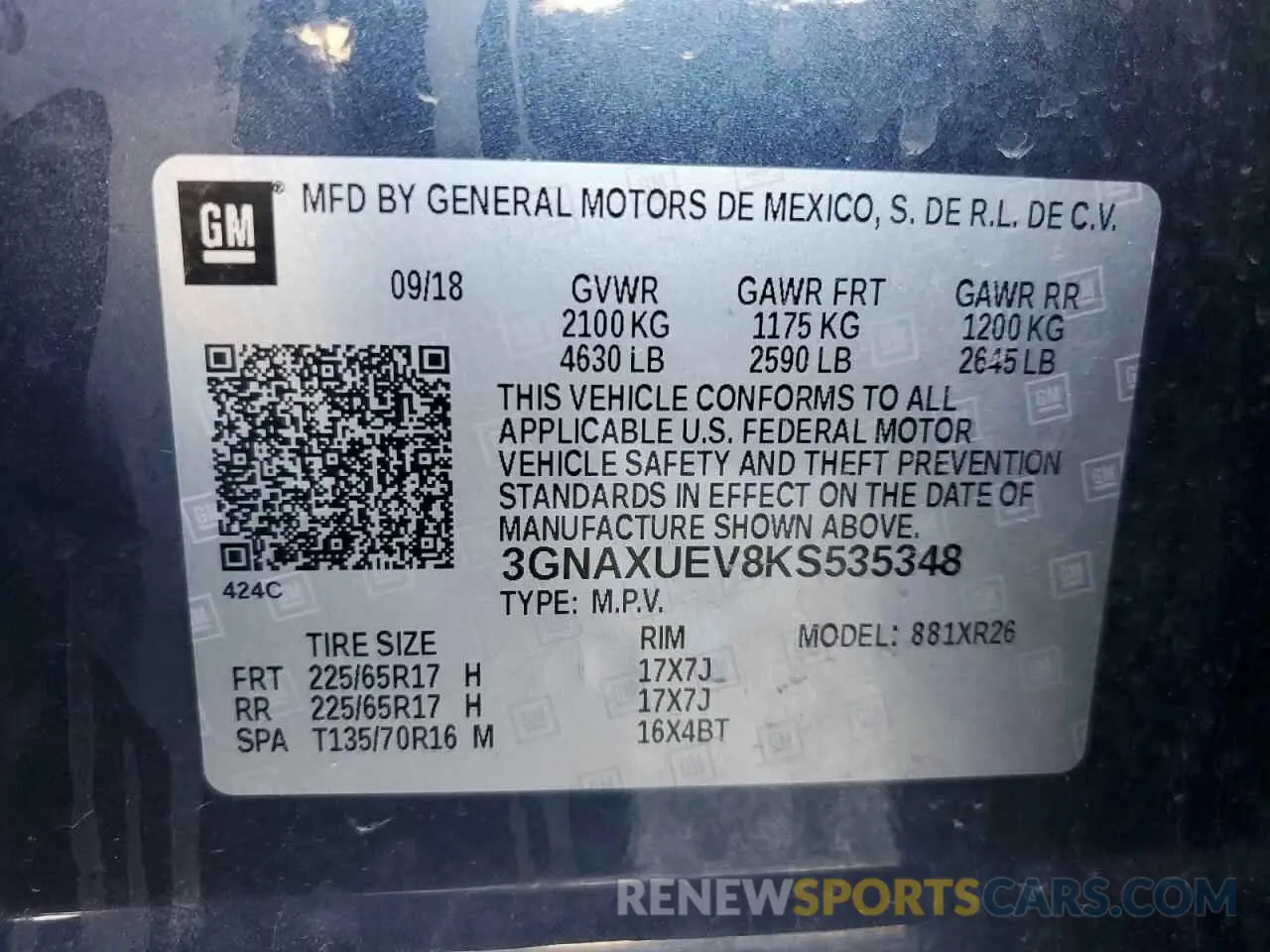 16 fotografías del automóvil dañado 3GNAXUEV8KS535348 CHEVROLET EQUINOX 2019