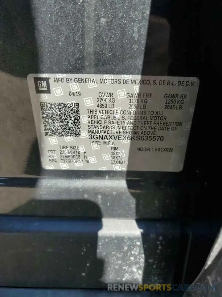 13 fotografías del automóvil dañado 3GNAXVEX6KS635570 CHEVROLET EQUINOX 2019