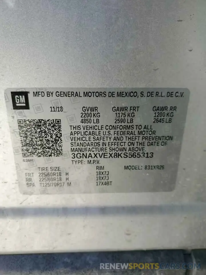 13 fotografías del automóvil dañado 3GNAXVEX8KS565313 CHEVROLET EQUINOX 2019