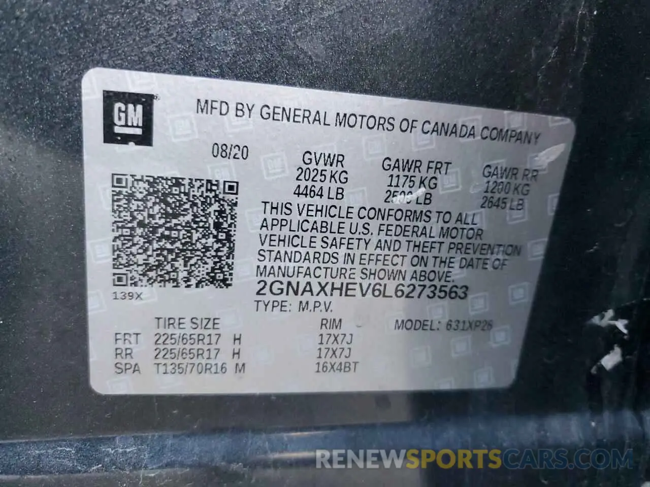 16 fotografías del automóvil dañado 2GNAXHEV6L6273563 CHEVROLET EQUINOX 2020