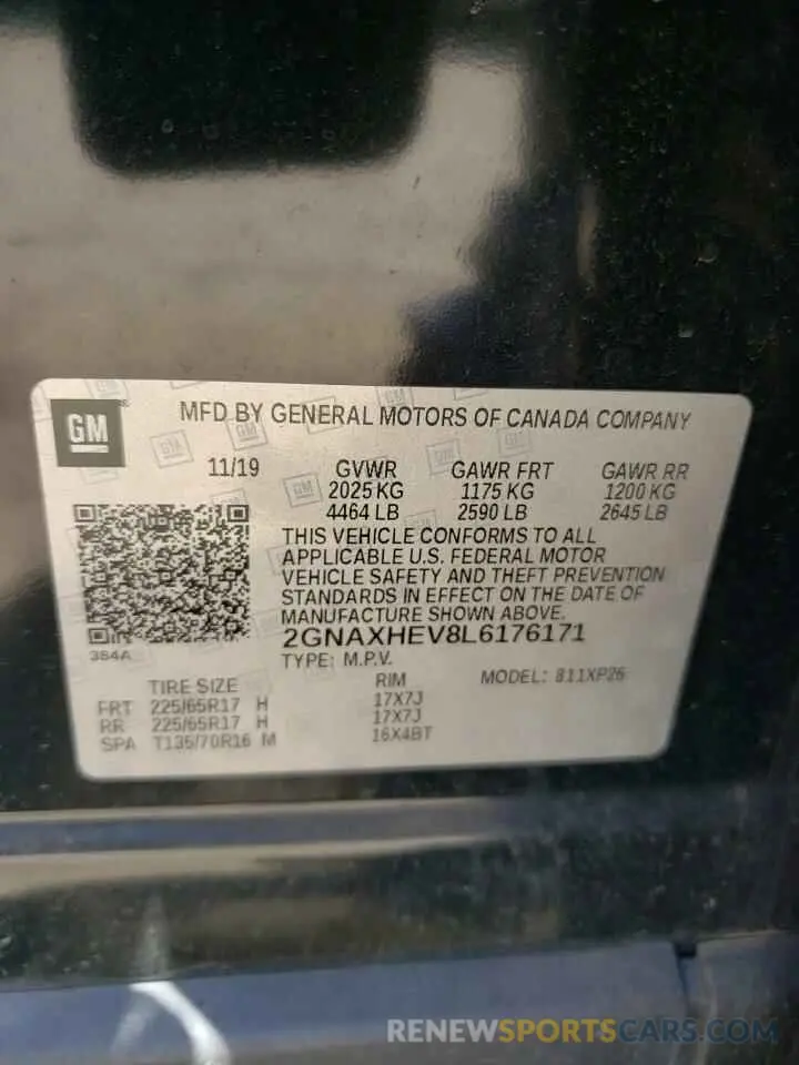 12 fotografías del automóvil dañado 2GNAXHEV8L6176171 CHEVROLET EQUINOX 2020