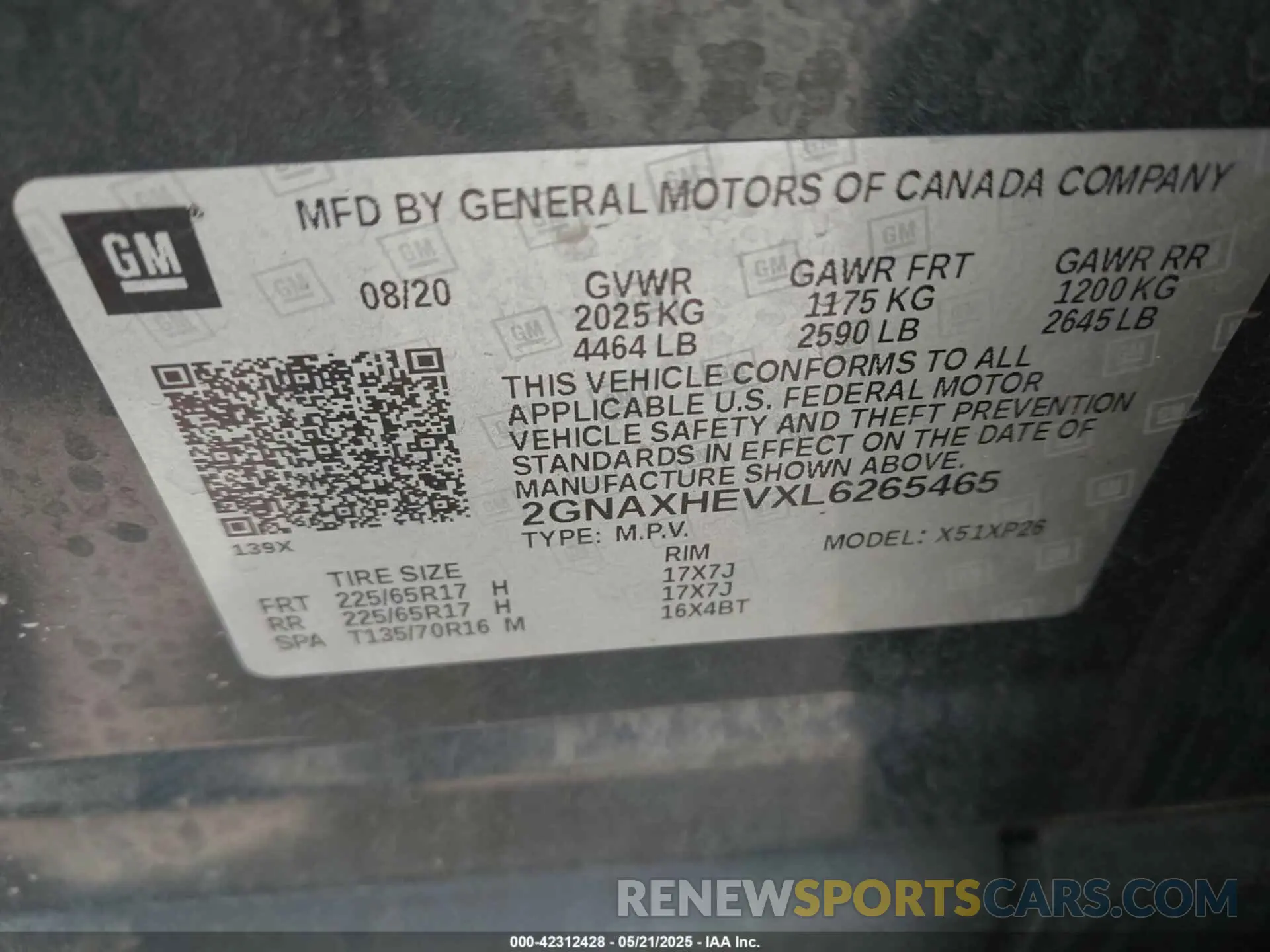 9 fotografías del automóvil dañado 2GNAXHEVXL6265465 CHEVROLET EQUINOX 2020