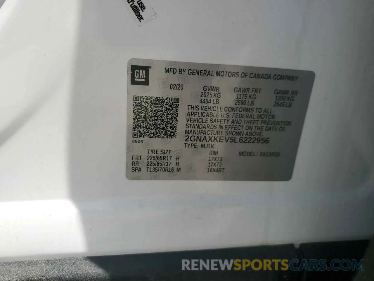 13 fotografías del automóvil dañado 2GNAXKEV5L6222956 CHEVROLET EQUINOX 2020