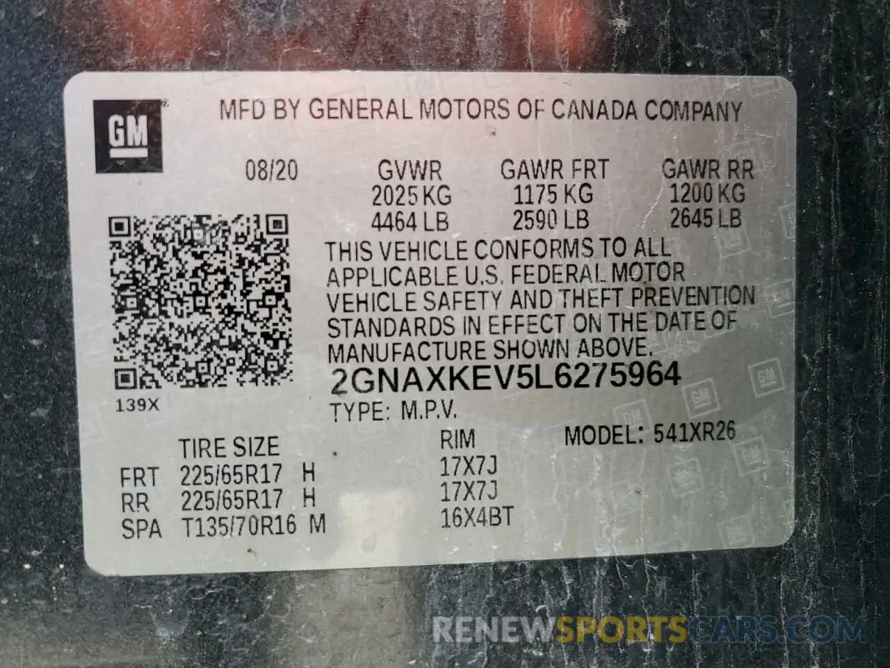 16 fotografías del automóvil dañado 2GNAXKEV5L6275964 CHEVROLET EQUINOX 2020