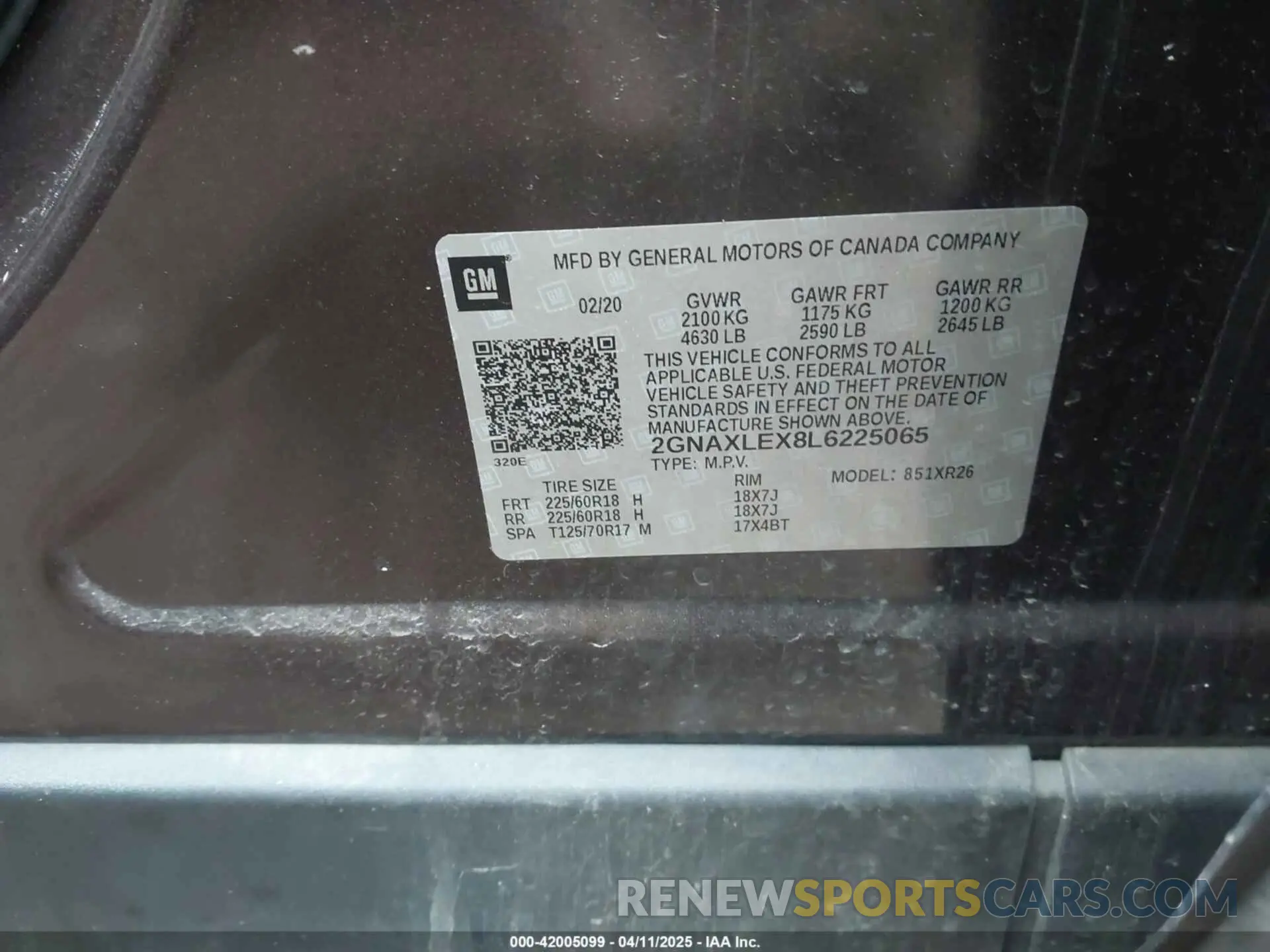9 fotografías del automóvil dañado 2GNAXLEX8L6225065 CHEVROLET EQUINOX 2020