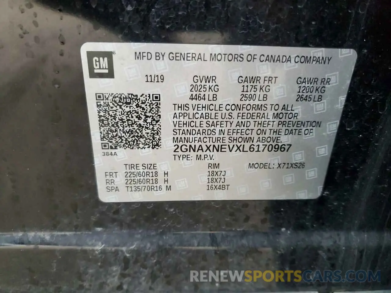 15 fotografías del automóvil dañado 2GNAXNEVXL6170967 CHEVROLET EQUINOX 2020