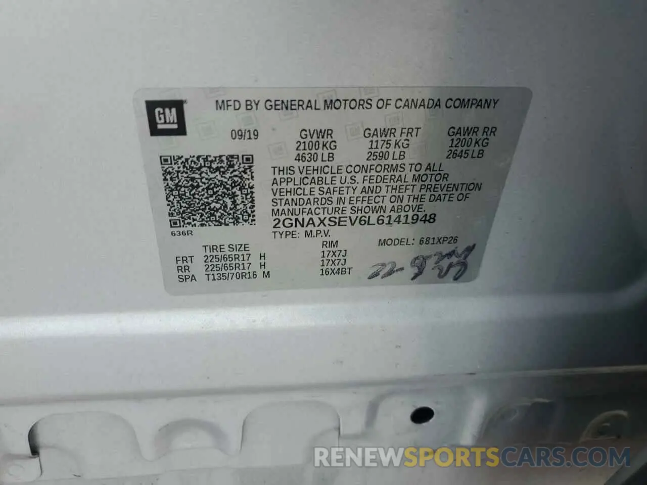 14 fotografías del automóvil dañado 2GNAXSEV6L6141948 CHEVROLET EQUINOX 2020