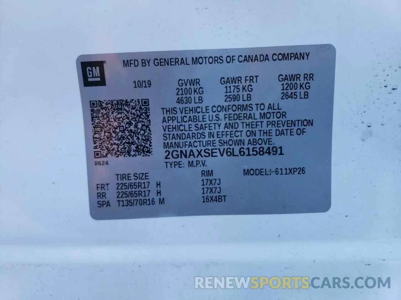 13 fotografías del automóvil dañado 2GNAXSEV6L6158491 CHEVROLET EQUINOX 2020