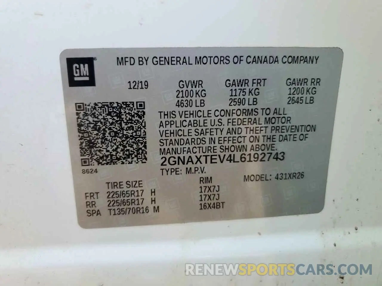 13 fotografías del automóvil dañado 2GNAXTEV4L6192743 CHEVROLET EQUINOX 2020