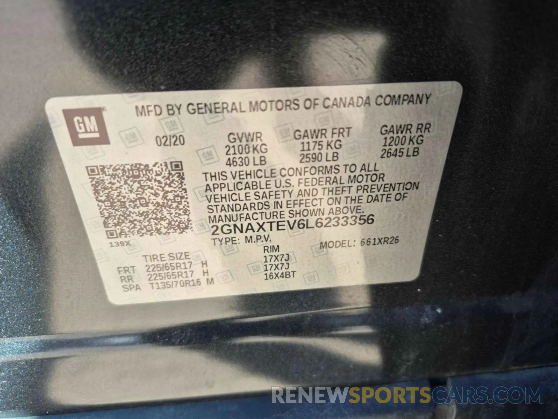 6 fotografías del automóvil dañado 2GNAXTEV6L6233356 CHEVROLET EQUINOX 2020