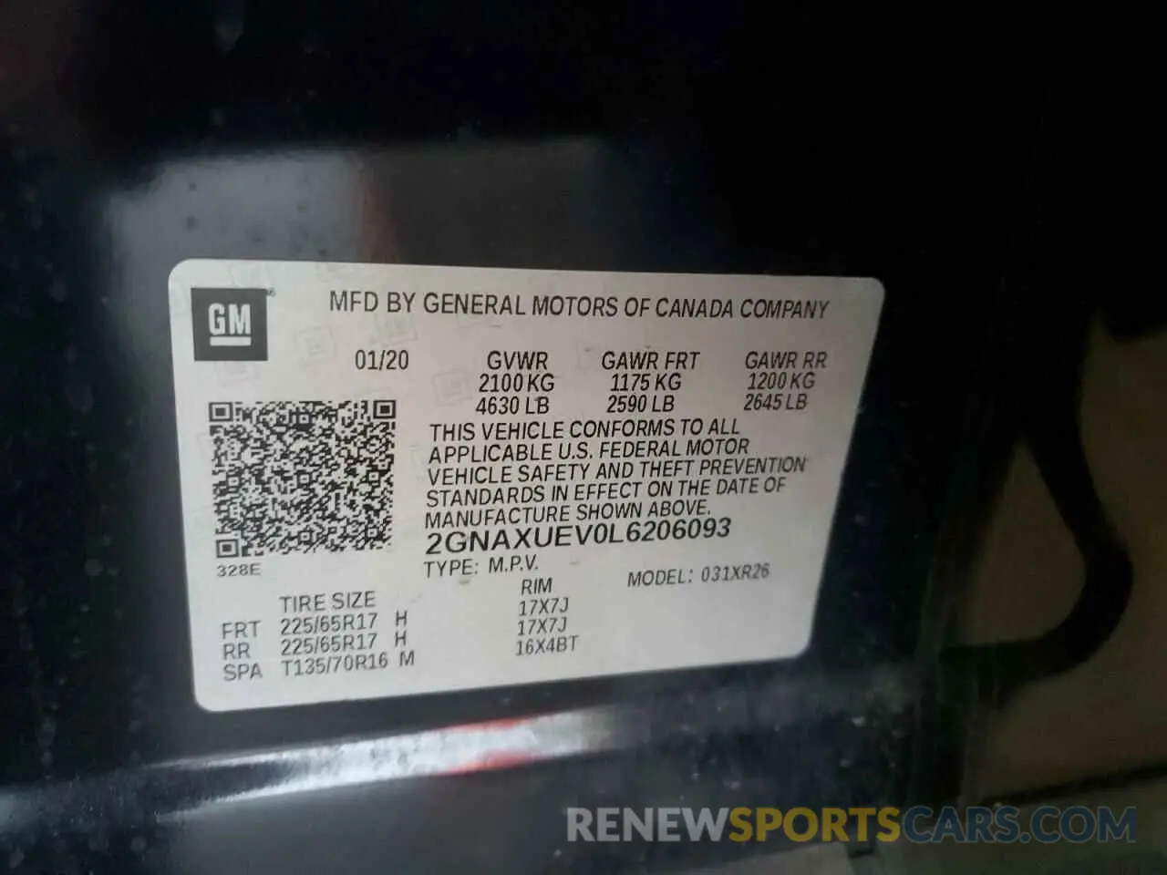 14 fotografías del automóvil dañado 2GNAXUEV0L6206093 CHEVROLET EQUINOX 2020
