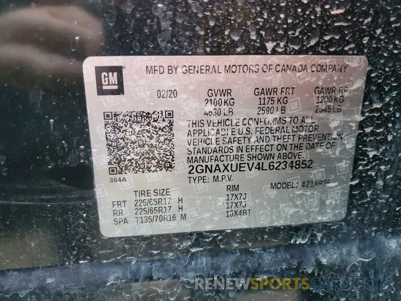 15 fotografías del automóvil dañado 2GNAXUEV4L6234852 CHEVROLET EQUINOX 2020