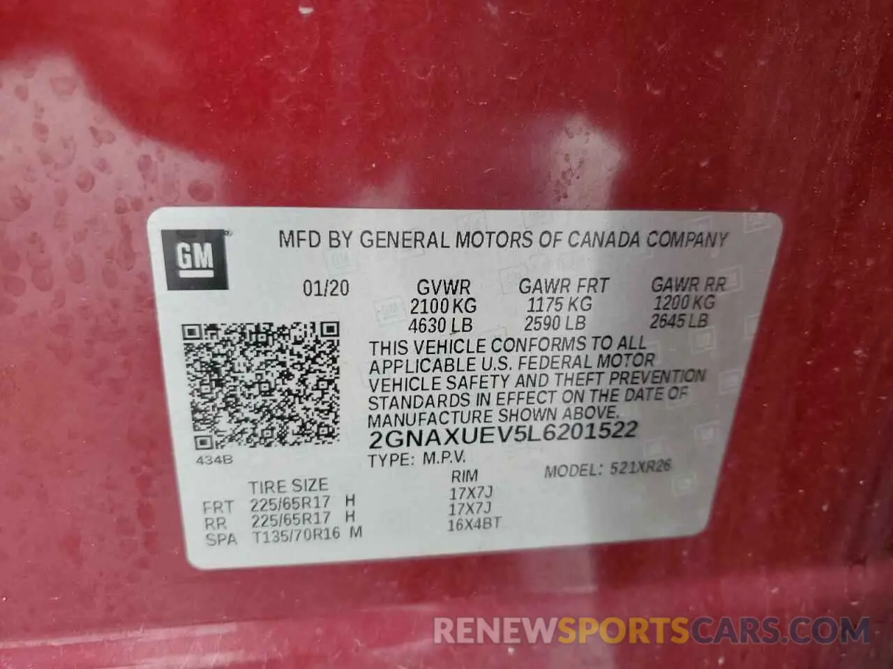 13 fotografías del automóvil dañado 2GNAXUEV5L6201522 CHEVROLET EQUINOX 2020