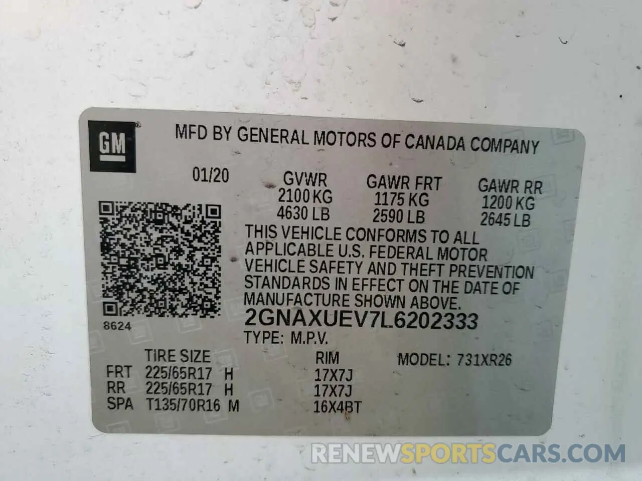 13 fotografías del automóvil dañado 2GNAXUEV7L6202333 CHEVROLET EQUINOX 2020