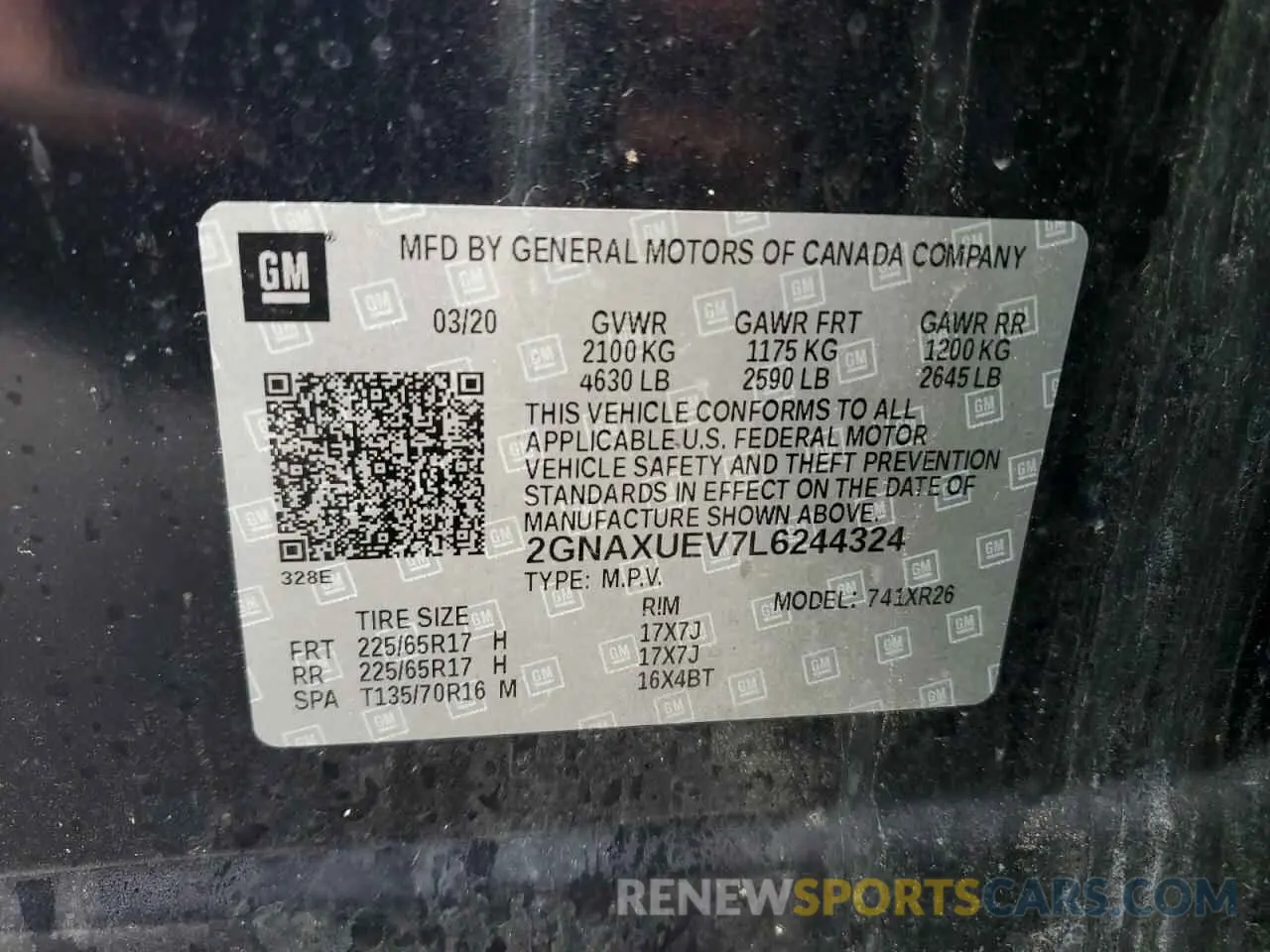 14 fotografías del automóvil dañado 2GNAXUEV7L6244324 CHEVROLET EQUINOX 2020