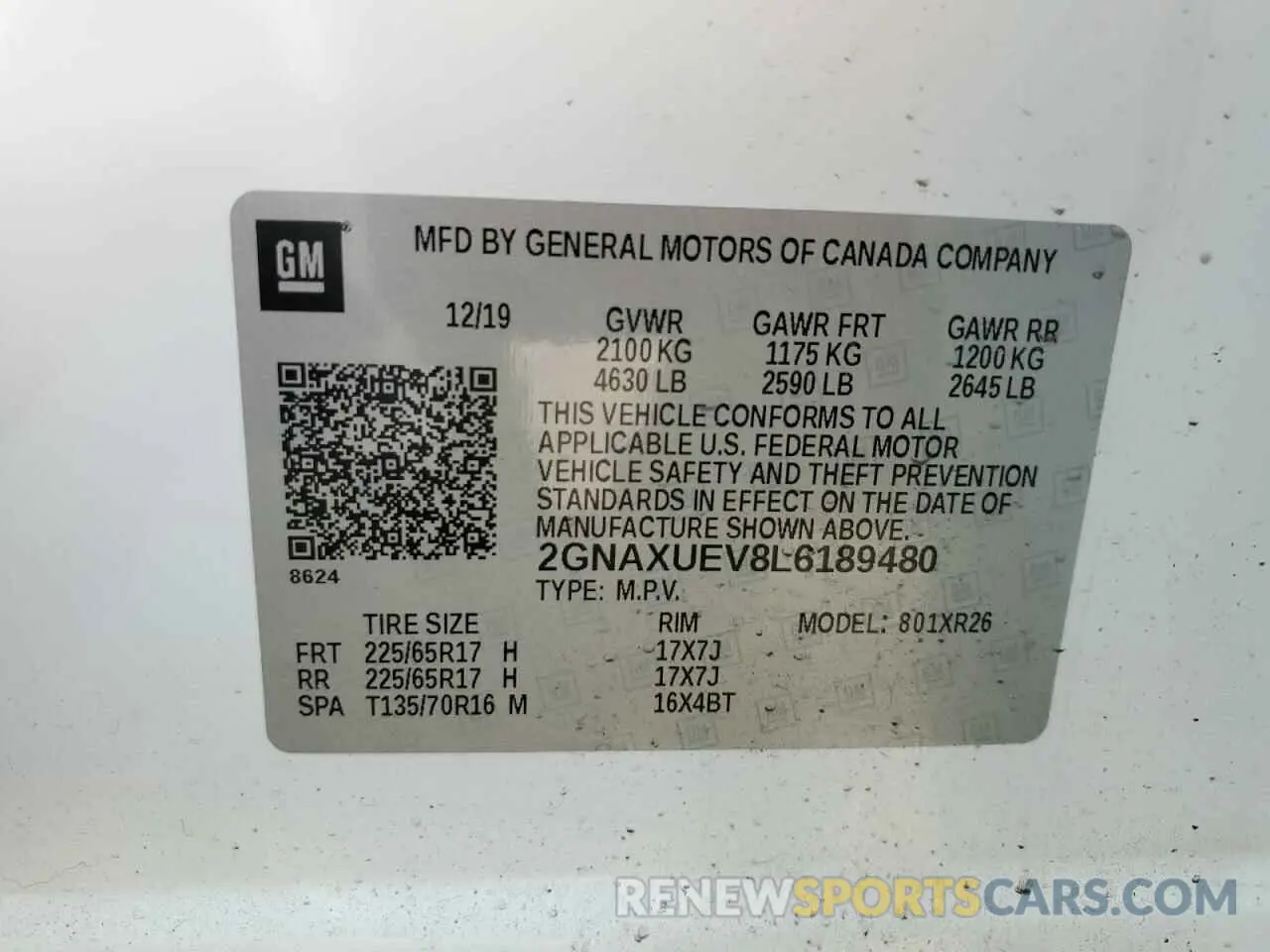12 fotografías del automóvil dañado 2GNAXUEV8L6189480 CHEVROLET EQUINOX 2020