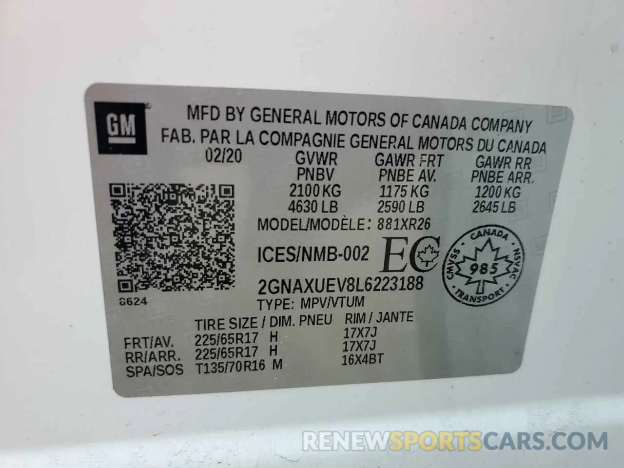 14 fotografías del automóvil dañado 2GNAXUEV8L6223188 CHEVROLET EQUINOX 2020