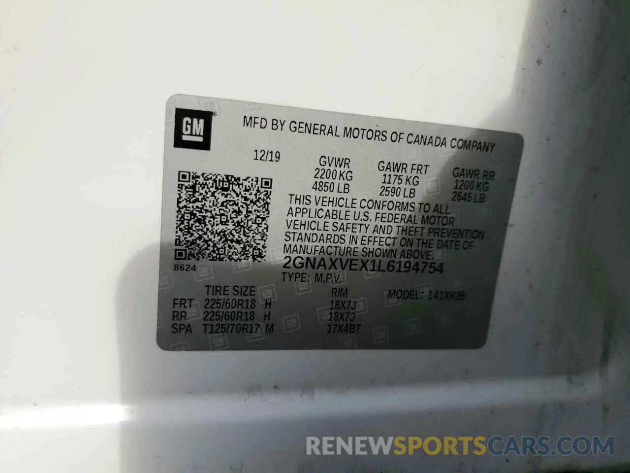 13 fotografías del automóvil dañado 2GNAXVEX1L6194754 CHEVROLET EQUINOX 2020