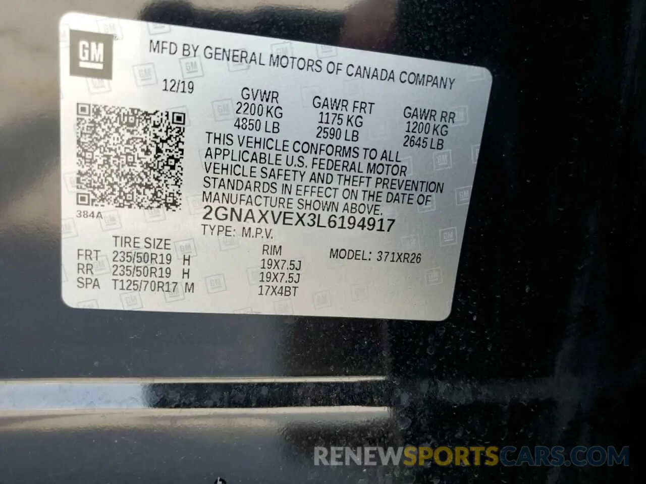 14 fotografías del automóvil dañado 2GNAXVEX3L6194917 CHEVROLET EQUINOX 2020