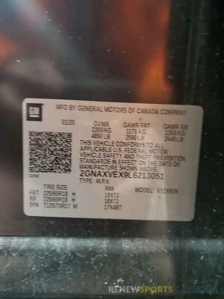 14 fotografías del automóvil dañado 2GNAXVEX9L6213051 CHEVROLET EQUINOX 2020