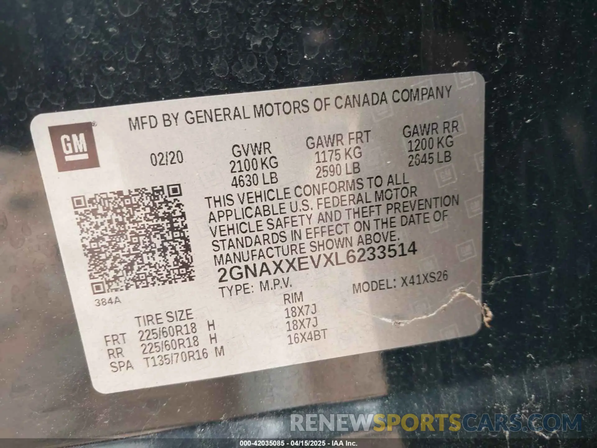 9 fotografías del automóvil dañado 2GNAXXEVXL6233514 CHEVROLET EQUINOX 2020
