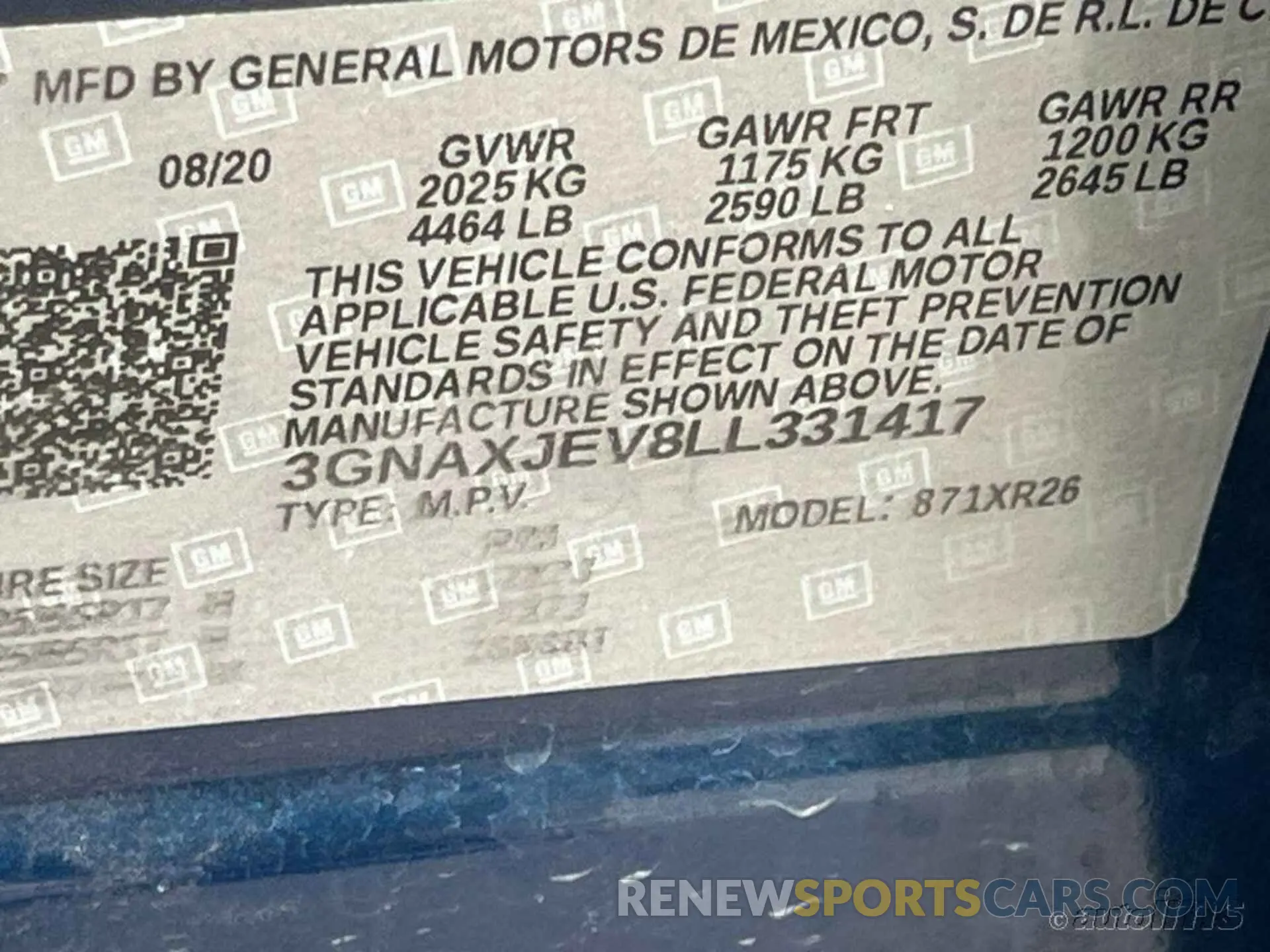 10 fotografías del automóvil dañado 3GNAXJEV8LL331417 CHEVROLET EQUINOX 2020