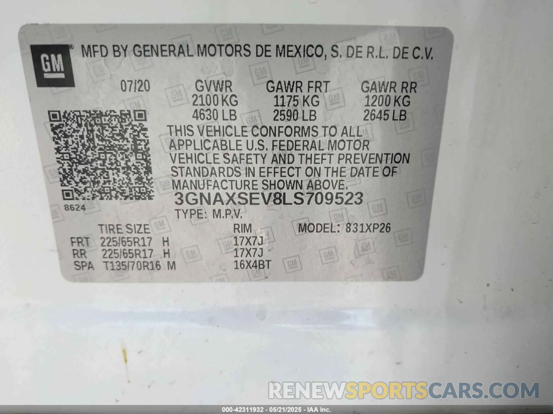 9 fotografías del automóvil dañado 3GNAXSEV8LS709523 CHEVROLET EQUINOX 2020
