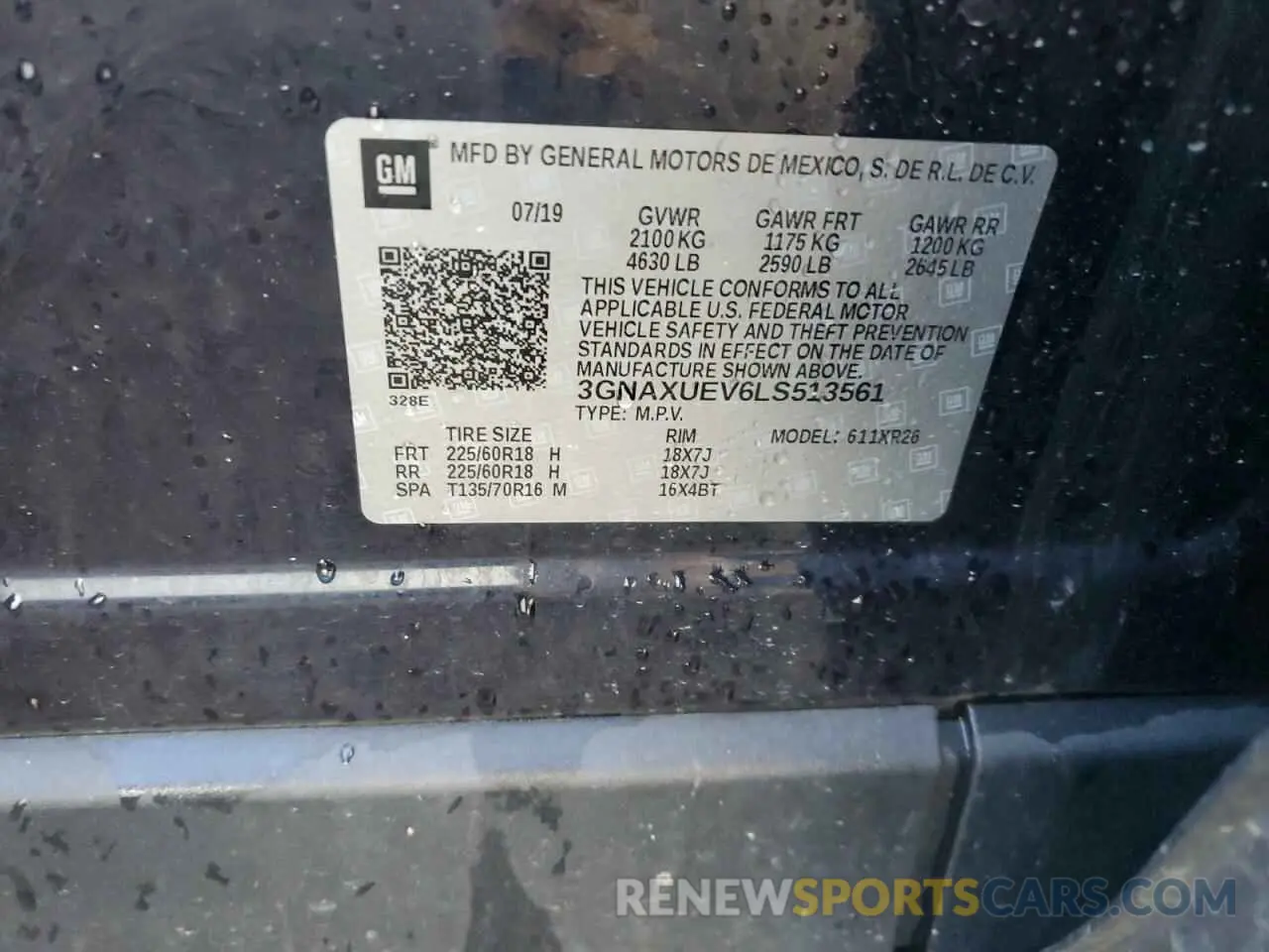 15 fotografías del automóvil dañado 3GNAXUEV6LS513561 CHEVROLET EQUINOX 2020