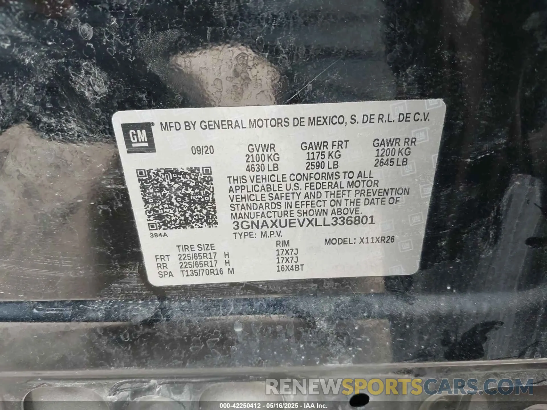 9 fotografías del automóvil dañado 3GNAXUEVXLL336801 CHEVROLET EQUINOX 2020