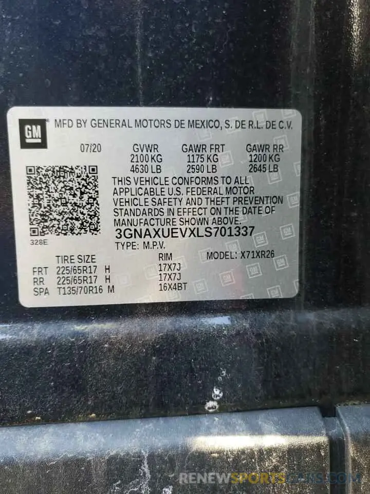 13 fotografías del automóvil dañado 3GNAXUEVXLS701337 CHEVROLET EQUINOX 2020