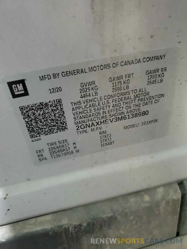 13 fotografías del automóvil dañado 2GNAXHEV3M6138980 CHEVROLET EQUINOX 2021