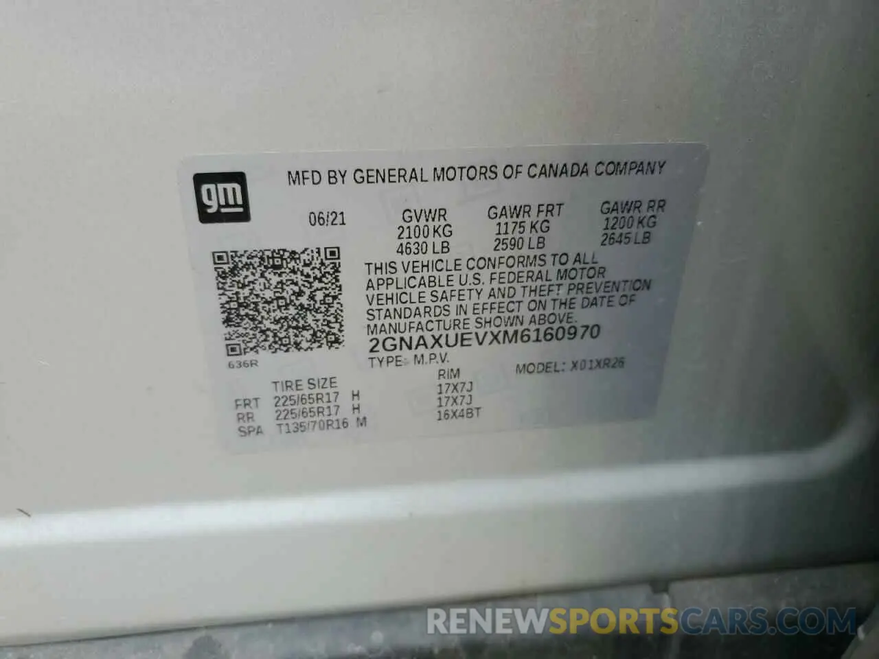 13 fotografías del automóvil dañado 2GNAXUEVXM6160970 CHEVROLET EQUINOX 2021