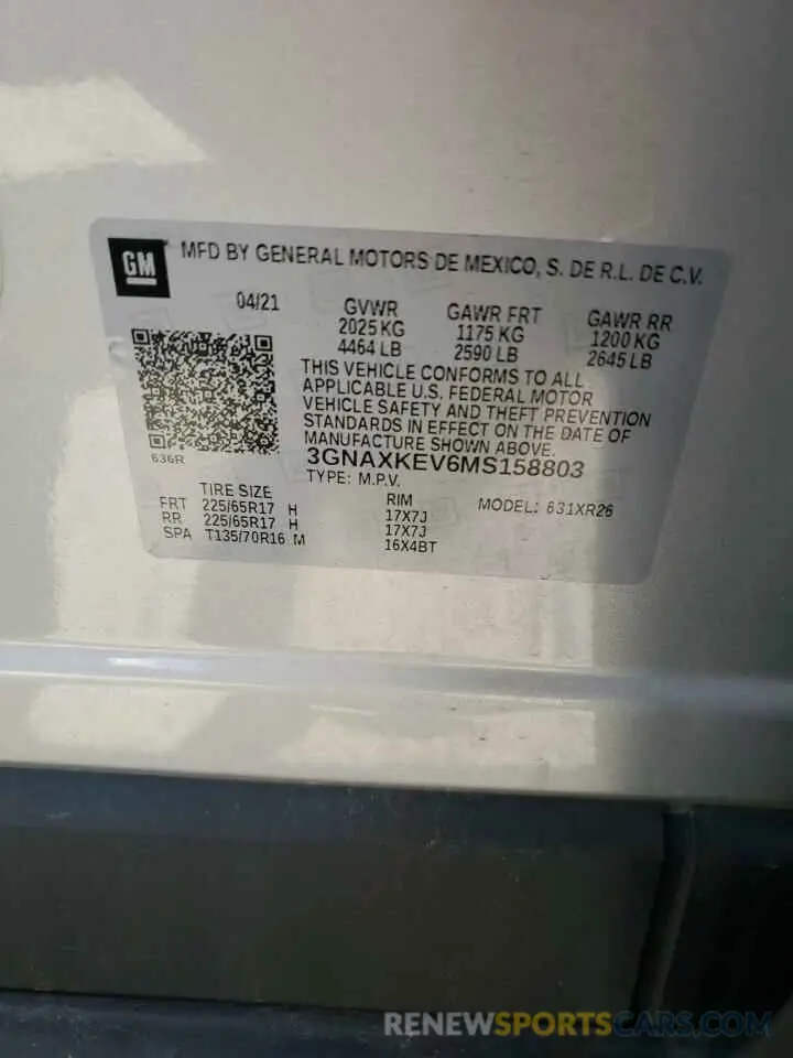 15 fotografías del automóvil dañado 3GNAXKEV6MS158803 CHEVROLET EQUINOX 2021