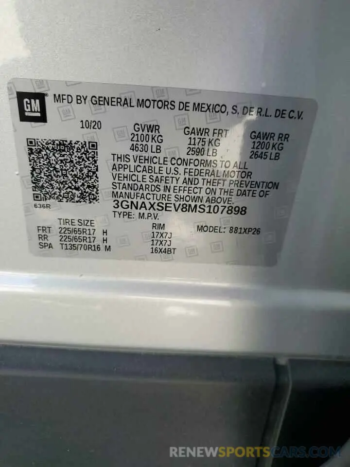 14 fotografías del automóvil dañado 3GNAXSEV8MS107898 CHEVROLET EQUINOX 2021