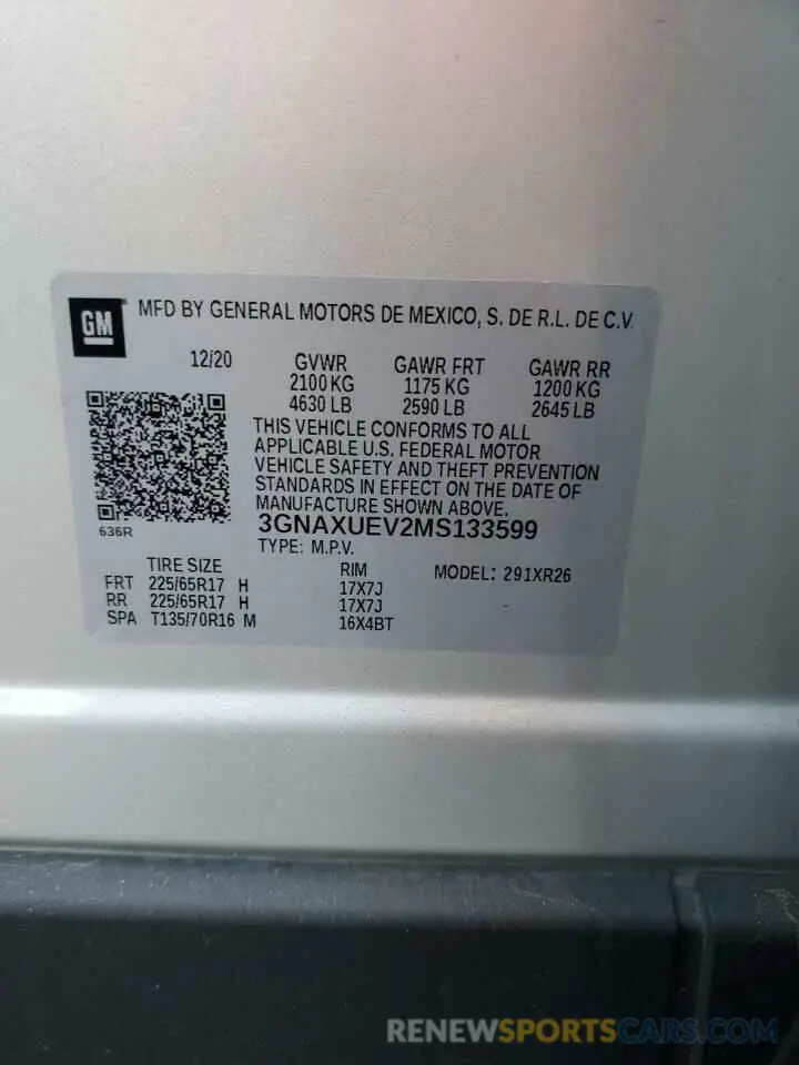 14 fotografías del automóvil dañado 3GNAXUEV2MS133599 CHEVROLET EQUINOX 2021