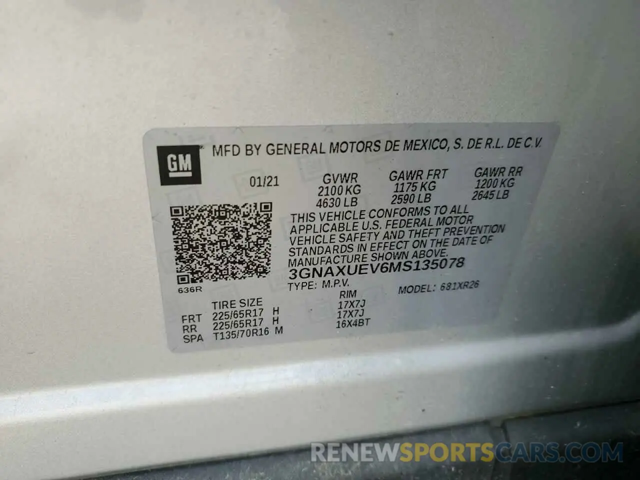 16 fotografías del automóvil dañado 3GNAXUEV6MS135078 CHEVROLET EQUINOX 2021