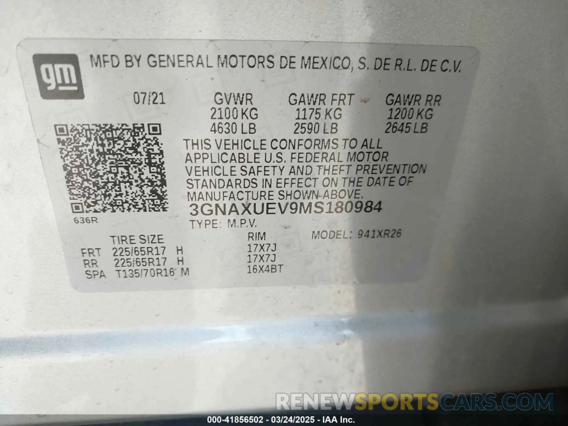 9 fotografías del automóvil dañado 3GNAXUEV9MS180984 CHEVROLET EQUINOX 2021