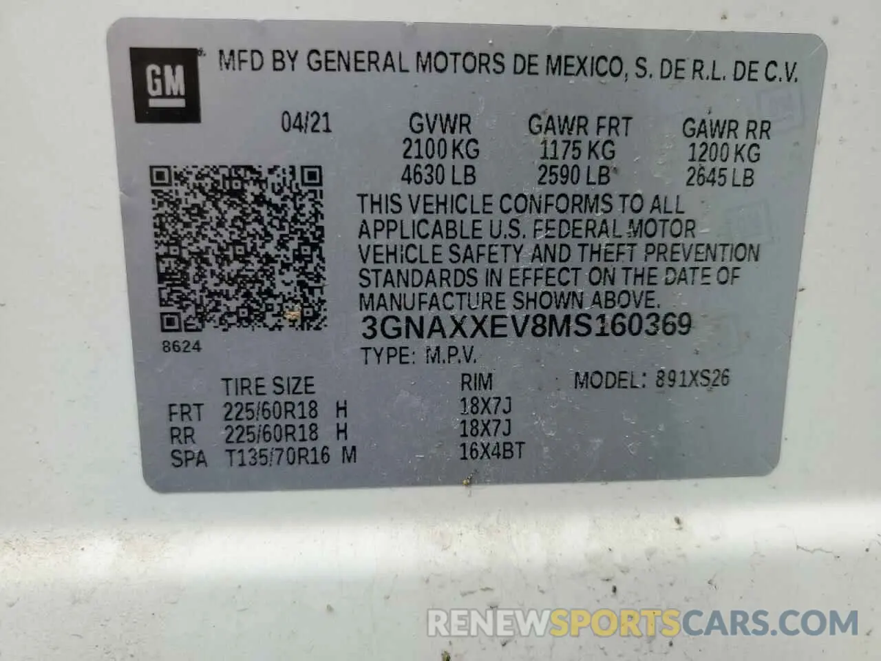 13 fotografías del automóvil dañado 3GNAXXEV8MS160369 CHEVROLET EQUINOX 2021