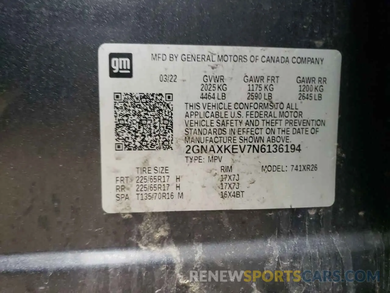 12 fotografías del automóvil dañado 2GNAXKEV7N6136194 CHEVROLET EQUINOX 2022