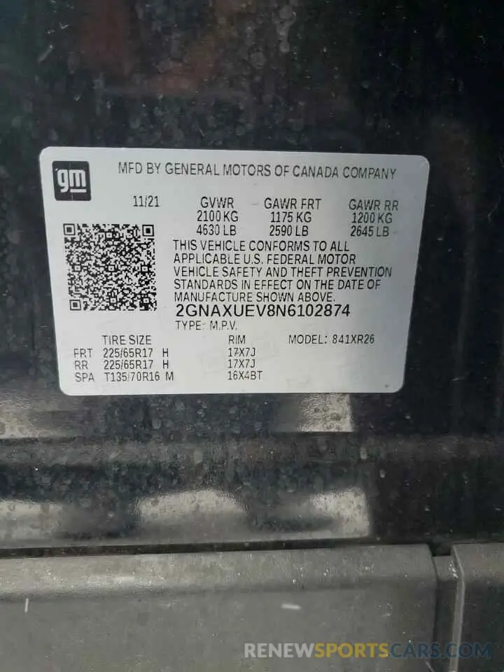 14 fotografías del automóvil dañado 2GNAXUEV8N6102874 CHEVROLET EQUINOX 2022